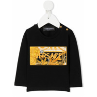 Young Versace Blusa mangas longas de seda com patch de logo - Preto