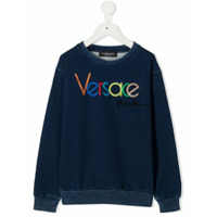 Young Versace logo-print crew-neck sweatshirt - Azul
