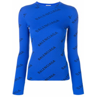 Balenciaga Suéter canelado com estampa de logo - Azul