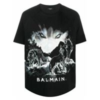 Balmain Camiseta com estampa de lobo e barra curvada - Preto