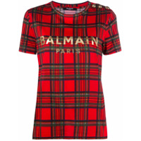 Balmain Camiseta xadrez com estampa de logo - Vermelho