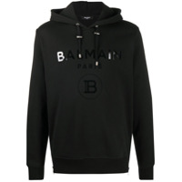 Balmain Moletom com capuz, zíper lateral e estampa de logo - Preto