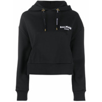 Balmain Moletom cropped com capuz e estampa de logo - Preto