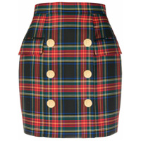 Balmain Saia xadrez tartan com detalhe de botões - Vermelho