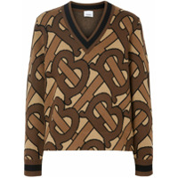 Burberry Suéter decote em V monogramado de lã - Marrom