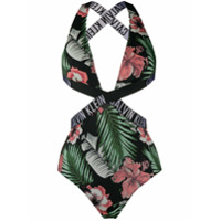 Calvin Klein floral-print cut-out swimsuit - Preto