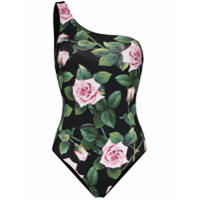 Dolce & Gabbana Maiô ombro único com estampa de rosas - Preto
