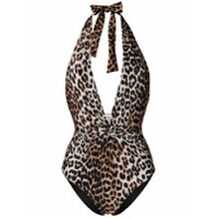 GANNI Maiô gola V profundo com estampa de leopardo - Preto