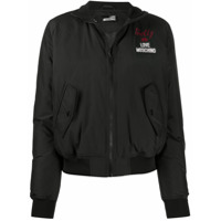 Love Moschino cropped slogan print bomber jacket - Preto