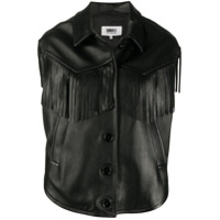 MM6 Maison Margiela Jaqueta sem mangas de couro com franjas - Preto