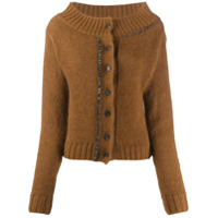 Nº21 Cardigan gola redonda com aplicações de cristais - Marrom