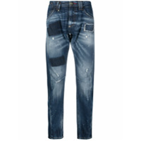 Philipp Plein Calça jeans slim com caveira em chama - Azul