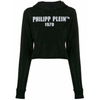 Philipp Plein Moletom cropped com capuz e estampa de logo - Preto