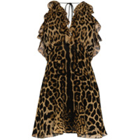 Saint Laurent Vestido babydoll de seda com estampa de leopardo - Preto