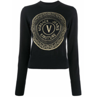 Versace Jeans Couture Blusa decote careca de tricô com padronagem - Preto